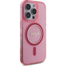 Guess Apple iPhone 16 Pro Uyumlu Kılıf Guess Orjinal Lisans Magsafe Özellik Simli Silikon Inci Bileklikli Pembe