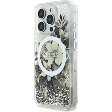 Guess Apple iPhone 16 Pro Max Uyumlu Kılıf Guess Orjinal Lisanslı Magsafe Özellik Sıvılı Simli Çiçek Desenli Bej