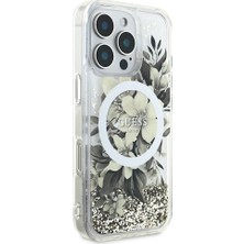 Guess Apple iPhone 16 Pro Max Uyumlu Kılıf Guess Orjinal Lisanslı Magsafe Özellik Sıvılı Simli Çiçek Desenli Bej