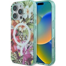 Guess Apple iPhone 16 Pro Max Uyumlu Kılıf Guess Orjinal Lisanslı Magsafe Özellik Iml Baskılı Jungle Ring Yeşil