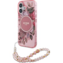 Guess Apple iPhone 16 Uyumlu Kılıf Guess Orjinal Lisans Magsafe Özellik Iml Baskılı Çiçek Inci Bileklikli Pembe