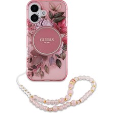 Guess Apple iPhone 16 Uyumlu Kılıf Guess Orjinal Lisans Magsafe Özellik Iml Baskılı Çiçek Inci Bileklikli Pembe