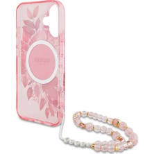 Guess Apple iPhone 16 Uyumlu Kılıf Guess Orjinal Lisans Magsafe Özellik Iml Baskılı Çiçek Inci Bileklikli Pembe