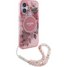 Guess Apple iPhone 16 Uyumlu Kılıf Guess Orjinal Lisans Magsafe Özellik Iml Baskılı Çiçek Inci Bileklikli Pembe