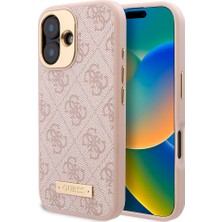 Guess Apple iPhone 16 Kılıf Guess Orjinal Lisanslı Magsafe Özellik Pu 4g Desenli Metal Plaka Klasik Logolu Pembe