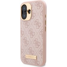 Guess Apple iPhone 16 Kılıf Guess Orjinal Lisanslı Magsafe Özellik Pu 4g Desenli Metal Plaka Klasik Logolu Pembe