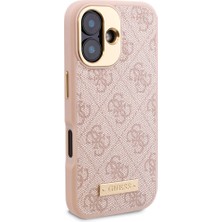 Guess Apple iPhone 16 Kılıf Guess Orjinal Lisanslı Magsafe Özellik Pu 4g Desenli Metal Plaka Klasik Logolu Pembe