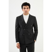 MCR Çizgili Antrasit Slim Fit Geniş Yaka Kruvaze Klasik Yün Erkek Takım Elbise