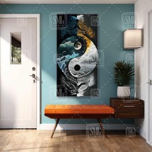 SML Tablo Ying Yang Siyah Beyaz ve Petrol Altın Renkli Yingyang Dolunay Gece Gökyüzü Boyuna Dikey Kanvas Tablo