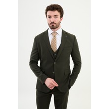 Desenli Haki Slim Fit Mono Yaka Klasik Yün Erkek Takım Elbise