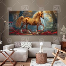 SML Tablo Altın Işlemeli At Asil Açık Kahverengi Sarı Yeleli Enine Yatay Kanvas Tablo