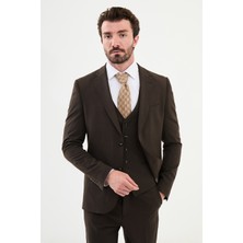 MCR Ekoseli Kahverengi Slim Fit Mono Yaka Klasik Yün Erkek Takım Elbise