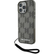 Karl Lagerfeld Apple iPhone 16 Pro Max Kılıf Lisanslı Kl Desenli Saydam Bilek Askı Ipli Klasik Logo Siyah