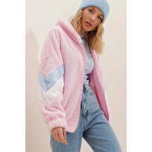 Can Çapar Kadın Kapüşonlu Fermuarlı Kolları Renk Bloklu Oversize Peluş Sweatshirt