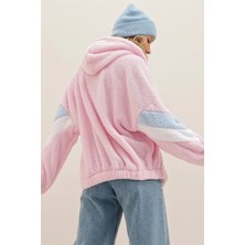 Can Çapar Kadın Kapüşonlu Fermuarlı Kolları Renk Bloklu Oversize Peluş Sweatshirt