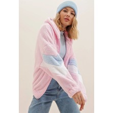 Can Çapar Kadın Kapüşonlu Fermuarlı Kolları Renk Bloklu Oversize Peluş Sweatshirt