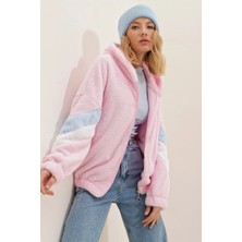 Can Çapar Kadın Kapüşonlu Fermuarlı Kolları Renk Bloklu Oversize Peluş Sweatshirt