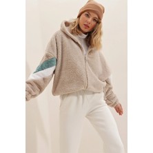 Can Çapar Kadın Kapüşonlu Fermuarlı Kolları Renk Bloklu Oversize Peluş Sweatshirt