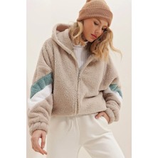 Can Çapar Kadın Kapüşonlu Fermuarlı Kolları Renk Bloklu Oversize Peluş Sweatshirt