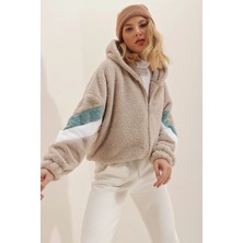 Can Çapar Kadın Kapüşonlu Fermuarlı Kolları Renk Bloklu Oversize Peluş Sweatshirt