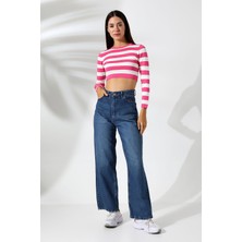 Çizgili Kadın Triko Pembe Crop Kazak