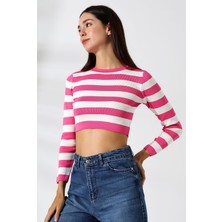 Çizgili Kadın Triko Pembe Crop Kazak