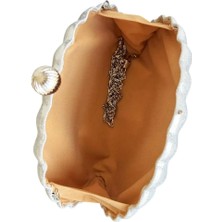 Glemix Rosalie Gümüş Sedefli Deniz Kabuğu Model Zincir Askılı Dokulu Clutch Abiye Portföy Çanta