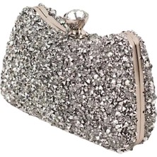 Glemix Belinda Gümüş Kristal Taş Kapama Clutch Abiye Portföy Çanta