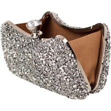Glemix Belinda Gümüş Kristal Taş Kapama Clutch Abiye Portföy Çanta