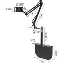 CoverZone Profesyonel 80CM Kol Uzunluğu Koltuk Yatak Veya Masaüstü Montaj Tablet Tutucu Açısı Ayarlanabilir 360 Derece Dönebilen Kol ve Alüminyum Gövde Siyah Renk Ct8