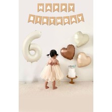 Atölye Mi Retro Krem 6 Yaş Balonlu Happy Birthday Kraft Bannerlı 3 Retro Kalp Balonlu Balon Seti