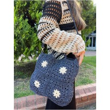 Kadın El Yapımı Kağıt Ip Örgü Omuz Çantası - Kot Mavisi - 32X28 cm