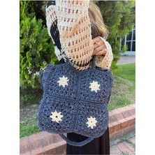 Kadın El Yapımı Kağıt Ip Örgü Omuz Çantası - Kot Mavisi - 32X28 cm