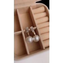 Liva Accessories Altın Kaplama Büyük Inci Sallantılı Zirkon Taşlı Roze Altın Renkli Küpe, Kararmaz, Anti-Alerjik