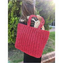 Kadın El Örgüsü Bordo Kağıt Ip Çanta - 32X42 cm Günlük ve Şık Tasarım