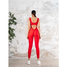 Lismina Kırmızı Arkası Büzgülü ( Scrunch Butt ) Askılı Spor Tayt Tulum