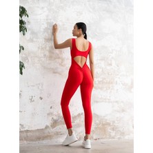 Lismina Kırmızı Arkası Büzgülü ( Scrunch Butt ) Askılı Spor Tayt Tulum