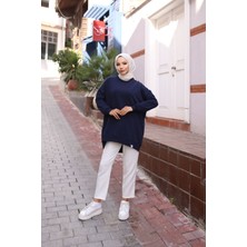Iki Iplik Penye Kumaş Oversize Sweatshirt Lacivert
