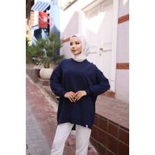Iki Iplik Penye Kumaş Oversize Sweatshirt Lacivert