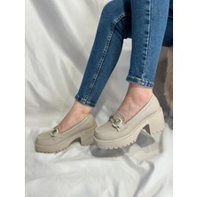 Hco Shoes Kadın Taşlı  Krem Casual Topuklu Laofer