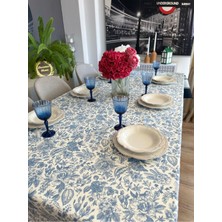 Decamor Home Leke Tutmaz Çiçek Desenli Kenar Bordürlü Mavi Masa Örtüsü