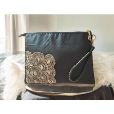 Vertiginoso Gold Boncuk Işlemeli Siyah Kadın Portföy Clutch El Çantası