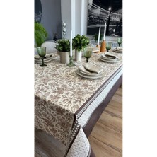 Decamor Home Leke Tutmaz Çiçek Desenli Kenar Bordürlü Kahverengi Masa Örtüsü