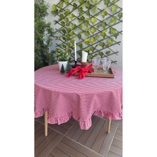 Decamor Home Keten Kırmızı Pötikare Fırfırlı Dertsiz Leke Tutmaz Yuvarlak Masa Örtüsü