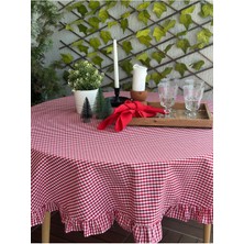 Decamor Home Keten Kırmızı Pötikare Fırfırlı Dertsiz Leke Tutmaz Yuvarlak Masa Örtüsü