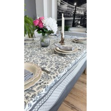 Decamor Home Leke Tutmaz Çiçek Desenli Kenar Bordürlü Gri Masa Örtüsü