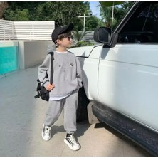 Kids Face Özel Tasarım Bisiklet Yaka Minimal Üçgen Baskılı Şardonlu Kışlık Erkek Çocuk Eşofman Takımı