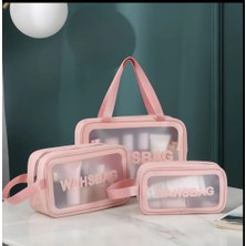 MINIISTOREE23 Seyahat Makyaj Çantası Washbag Taşınabilir Su Geçirmez 3'lü Çanta Seti Pembe