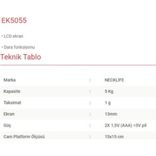 Neck Ek 5050 5 kg / 1 gr Hassas Tartım Terazisi Plastik Gri