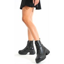 Shemard Siyah Rugan Yüksek Tabanlı Bağcıklı Fermuarlı Günlük Kadın Bot